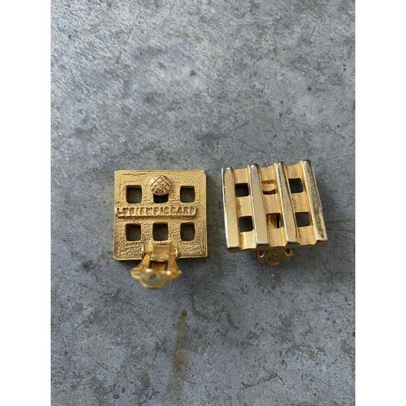 Vintage Lucien Piccard Earrings Stud Square Gold Tone Clip On Geometric 1” x 1” - Picture 5 of 9